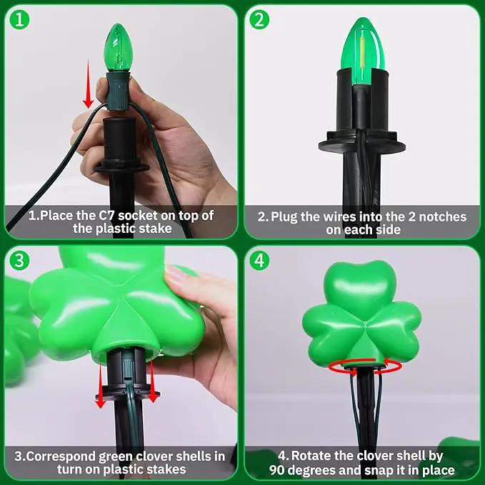 2 Sets 4 Pack St. Patricks Green Shamrock Pathway Lights Outdoor for St. Patricks Day Decorations, C7 LED Green Lucky Clover Garden Lights Waterproof, UL Certified for Lawn Yard Walkway Decor, Plug In by GreenHaven Gardens