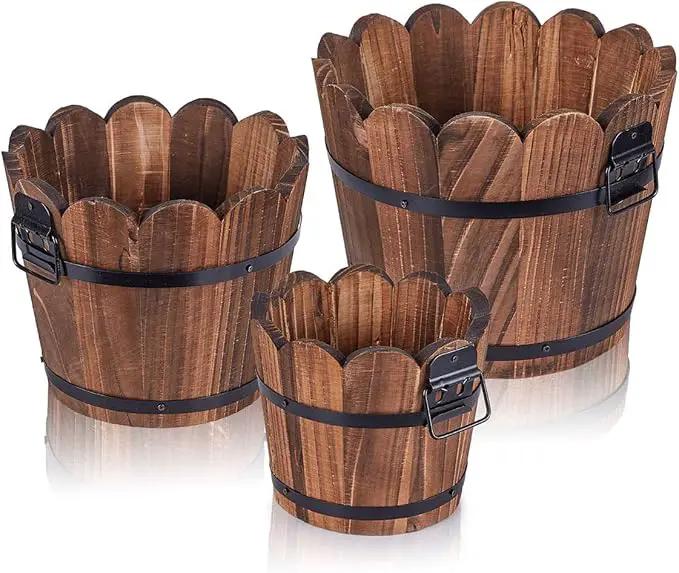 Wooden Bucket Barrel Planters, Small Flower Pot with Drainage Holes for Indoor Plants Home Décor, Set of 3 by GreenHaven Gardens