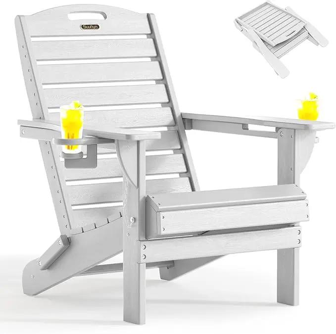 Folding Adirondack Chair HDPE All-Weather Adirondack Chairs with Cup Holder, Outdoor Fire Pit Chairs Lawn Chair for Deck Patio Garden (White) by GreenHaven Gardens