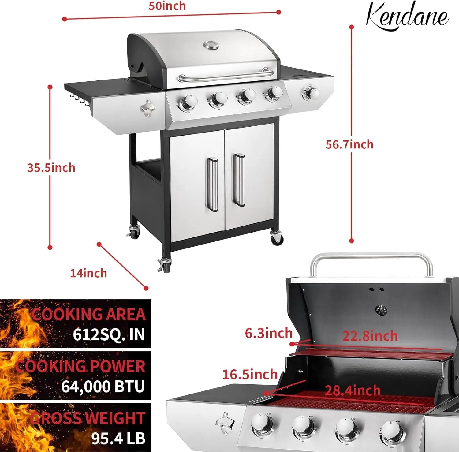 4-Burner Propane Gas BBQ Grill with Side Burner, Barbecue Gas Grill with Enameled Cast Iron Grates for Outdoor Patio Garden Barbecue, 53,000 BTU, Stainless Steel Grill Cover included by GreenHaven Gardens
