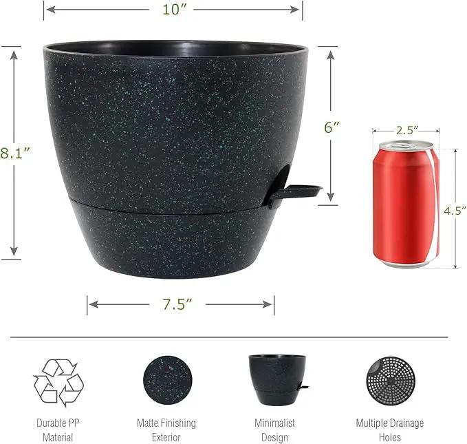 WOUSIWER 10 inch Self Watering Planters, 2 Pack Large Plastic Plant Pots with Deep Reservior and High Drainage Holes for Indoor Outdoor Plants and Flowers, Speckled Black with Green by GreenHaven Gardens