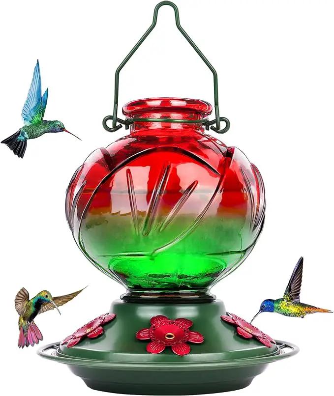 BOLITE Hummingbird Feeder, Glass Hummingbird Feeders for Outdoors Hanging, 22 Ounce, Five Feeding Ports with Perch, Peony Flower Shape, Red and Green, Gifts for Women Men, Gifts for Mom Dad by GreenHaven Gardens