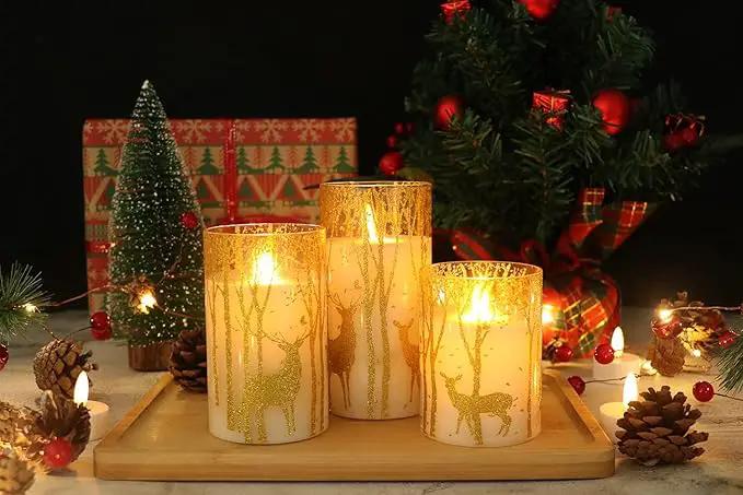 Christmas Deer Flameless Candles with Remote Timer, Glass Battery Operated Pillar Candles with Gold Elk Decor, LED Flickering Candles with 3D Wick and Real Wax for Winter Christmas Home Decor by GreenHaven Gardens