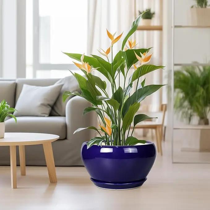 Ceramic Planter - 13 Inch Indoor Plant Pot for Plants with Drainage Hole and Saucer Large Planter Round Outdoor Flower Pot Mid-Century for House Patio Room Decor Blue by GreenHaven Gardens
