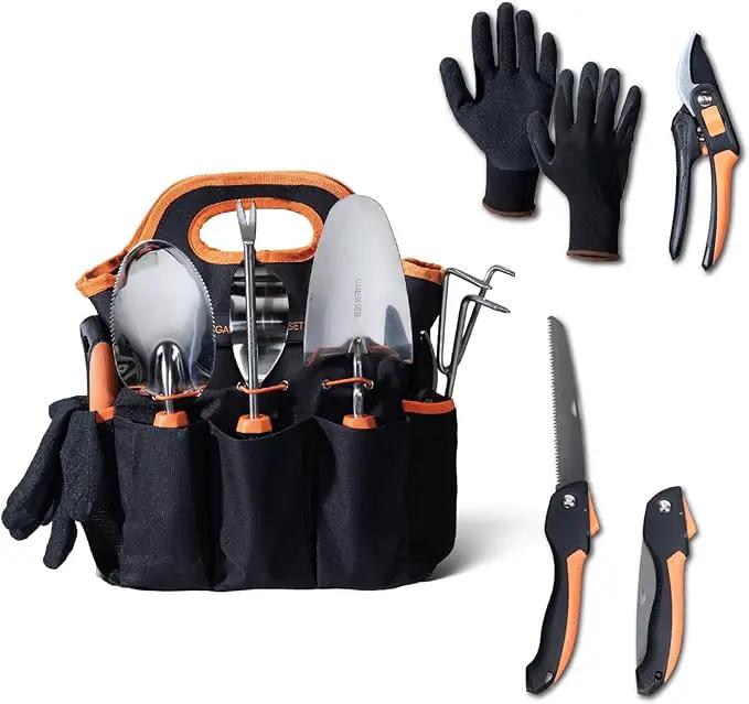 DTRK 8-Piece Large Garden Tool Set 304 Stainless Steel Garden Tool Kit with Handbag,Pruning Shears,Gloves Heavy Duty Gardening Hand Tools with Non-Slip Rubber Grip,Ideal Gifts for Women & Men Orange by GreenHaven Gardens