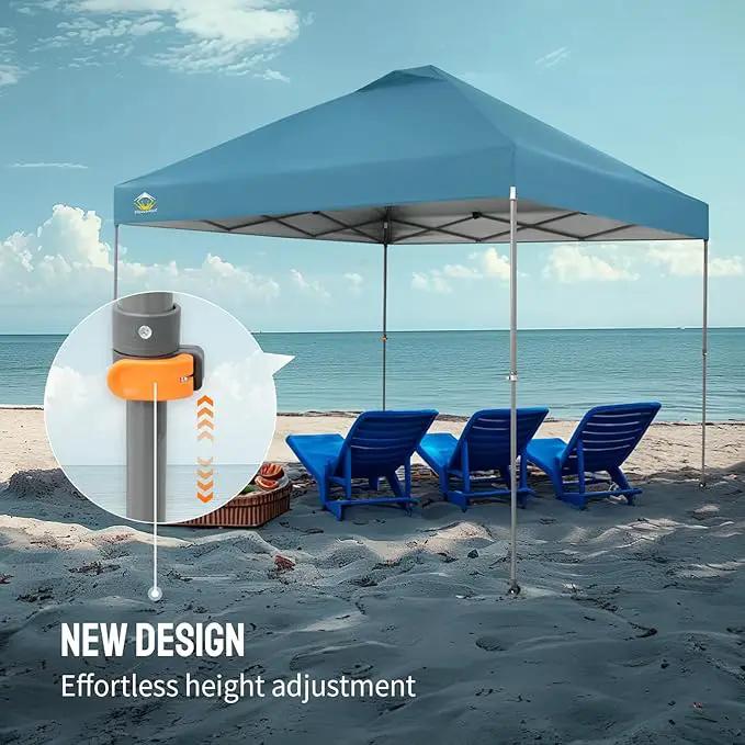 CROWN SHADES Adjustable Height on The Fly, 10x10 Pop Up Canopy - Beach Tent with One Push Setup - Easy Outdoor Sun Shade for Events, Parties, Camping - Outside Shade with STO-N-Go Bag, Cyan Blue by GreenHaven Gardens