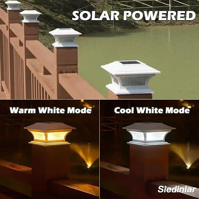 SIEDiNLAR Solar Post Cap Lights Outdoor Glass LED Fence Deck Light 2 Modes for 4x4 5x5 6x6 Vinyl Wooden Posts Patio Garden Decoration Warm White/Cool White Lighting White (6 Pack) by GreenHaven Gardens