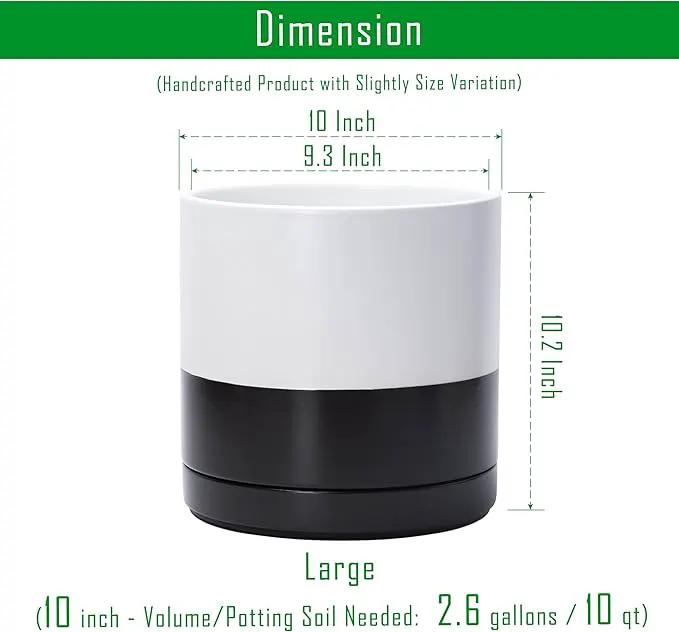 D'vine Dev 10 Inch Ceramic Planter Pot with Drainage Hole and Saucer, Indoor Cylinder Round Planter Pot, Layered Monochrome Black & White, 94-O-E-L by GreenHaven Gardens