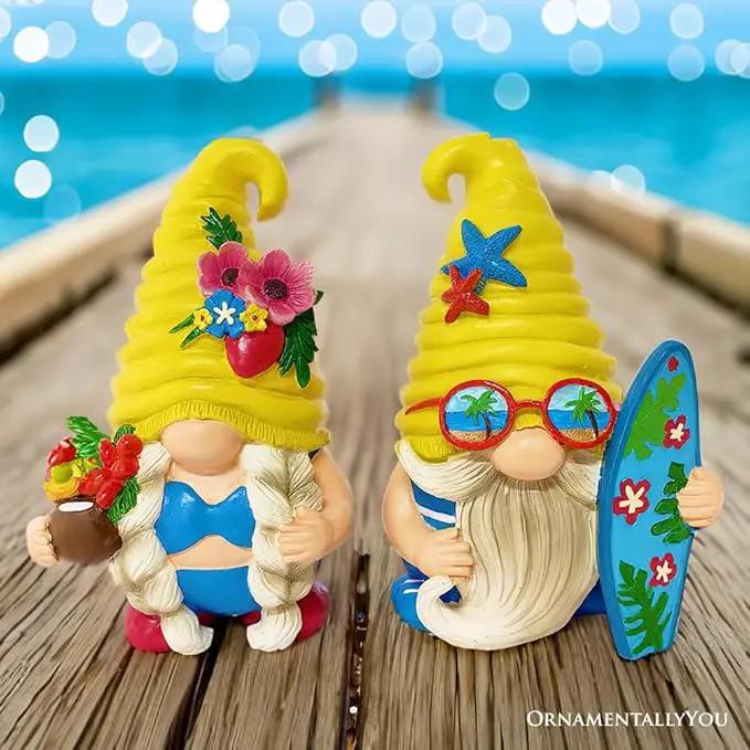 Spring & Summer-Themed Garden Statues – Adorable Outdoor Decor for Lawn, Patio & Porch (Tropical Beach Gnome Duo Figurine Set, Cute 6" Summer Decoration Garden Statue) by GreenHaven Gardens
