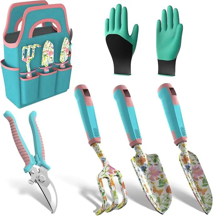 6 Pcs Garden Tool Set, Gardening Hand Tools Aluminum Alloy Starter Kit with Garden Bag, Heavy Duty Outdoor Tool Set with Ergonomic Handle, Gardening Gifts (Flower Pattern) by GreenHaven Gardens