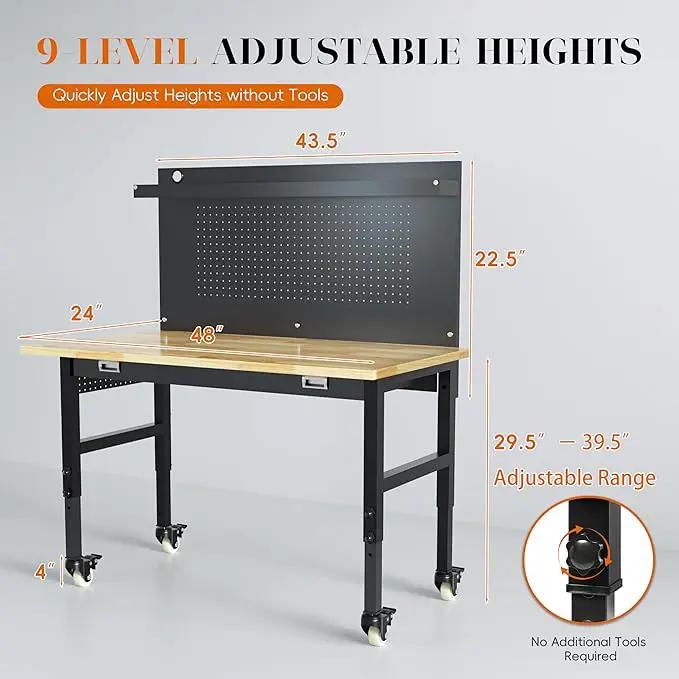 48" Heavy Duty Adjustable Workbench with Large Pegboard, Adjustable Work Table with Power Outlets & Lockable Wheels, Rubber Wood Workstation for Garage, Workshop, Office, Home, Commercial by GreenHaven Gardens