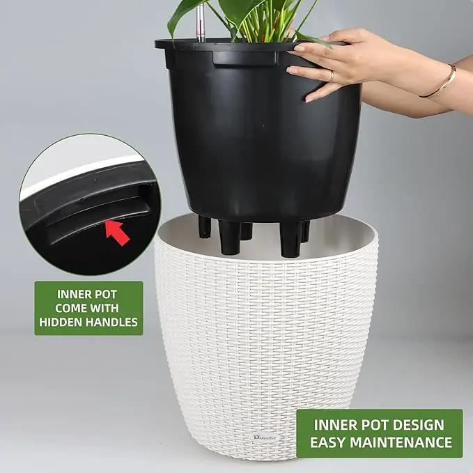 Dexceder 18x17 Inches Rattan Self Watering Planter Indoor Outdoor, Inner Pot Design, Thickened Table Flower Plant Pot with Water Level Indicator (Ivory White) by GreenHaven Gardens