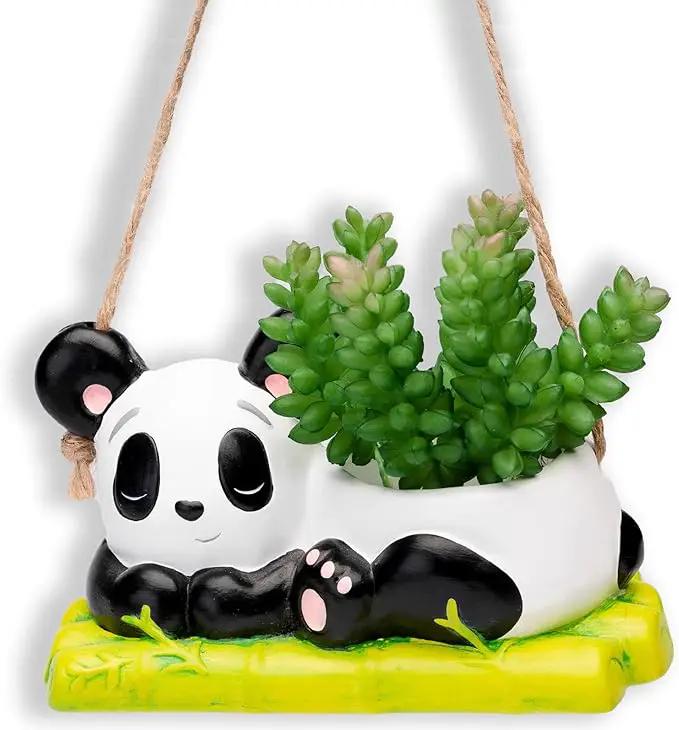Panda Hanging Planter, Succulent Pot with Drainage, 6 ft Natural Fiber Cord, Ceramic Bear Animal Holder for Cacti & Small Plants, Decorative Panda Gift Decor for Women Men by GreenHaven Gardens