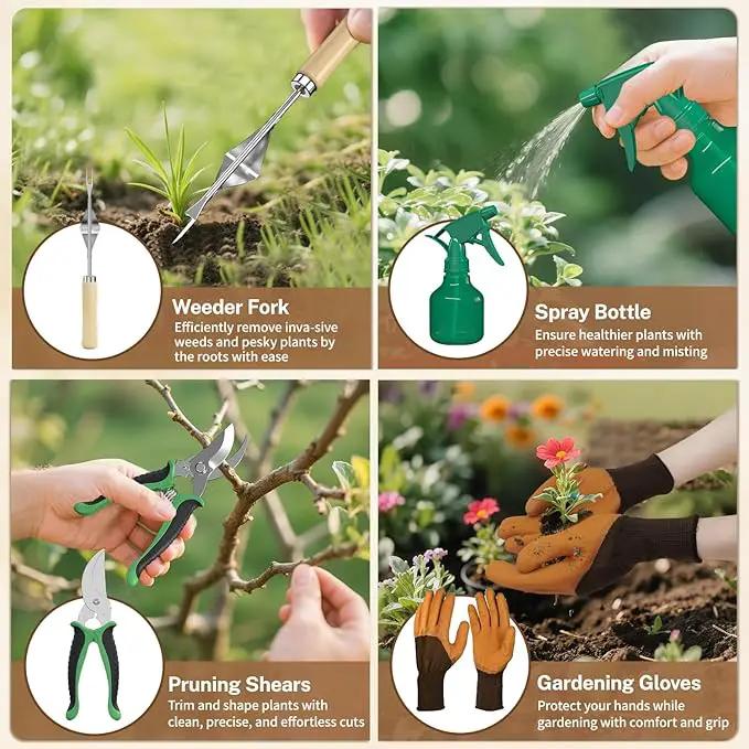 LASZOLA 9 Pcs Garden Tools Set with Tote Bag and Hand Trowel Rake Shovel, Heavy Duty Stainless Steel Gardening Kit for Outdoor Plant, Standable Portable Handbag Organizer, Ideal for Women Mom, Green by GreenHaven Gardens