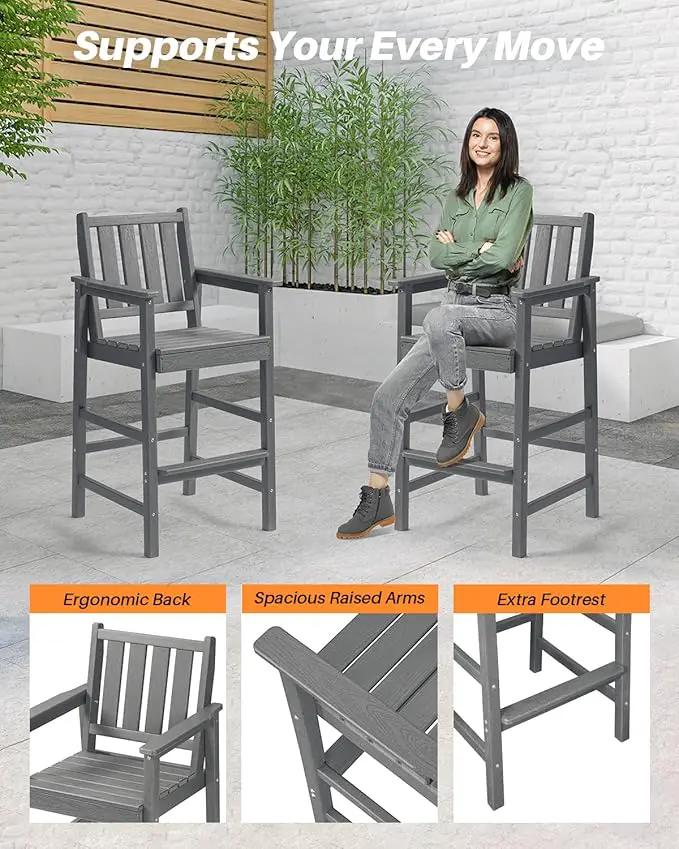 3 Pieces HDPE Outdoor Patio Bar Set, Rectangular Bar Height Table and Chairs Set, Patio Bar Stools Set, HDPE Outdoor Bar Table and Chairs Set for Balcony, Poolside, Porch, Smoke Gray by GreenHaven Gardens
