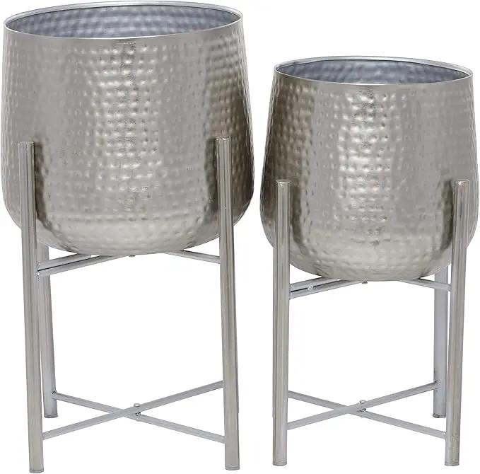 CosmoLiving by Cosmopolitan Metal Indoor Outdoor Planter Hammered Large Planter Pot with X-Shaped Stands, Set of 2 Planters 19", 16"H, Silver by GreenHaven Gardens