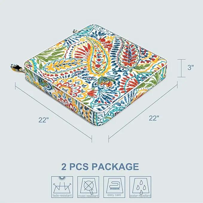 LVTXIII Patio Chair Cushions 22"x22"x3", Water-Repellent Outdoor Seat Cushions for Patio Furniture, Square Chair Pads with Ties for Home Garden Decoration, Set of 2, Paisley Multi by GreenHaven Gardens
