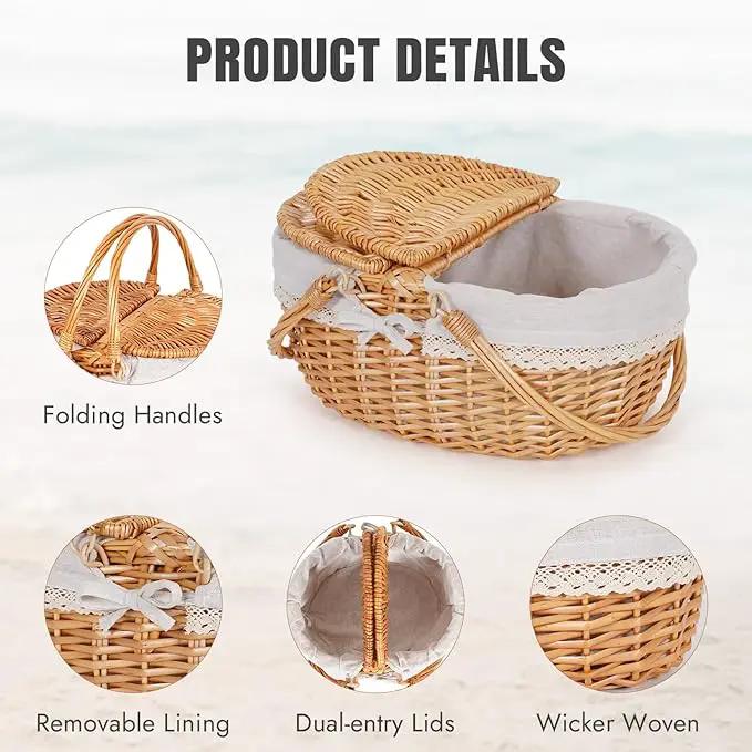 Happypicnic Wicker Picnic Basket with Handle, 15" Large Empty Picnic Basket with Lid & Removable Liner, Vintage Hand Woven Basket for Picnics, Camping, Veg Picking, Mother's Day, Thanksgiving (Solid) by GreenHaven Gardens