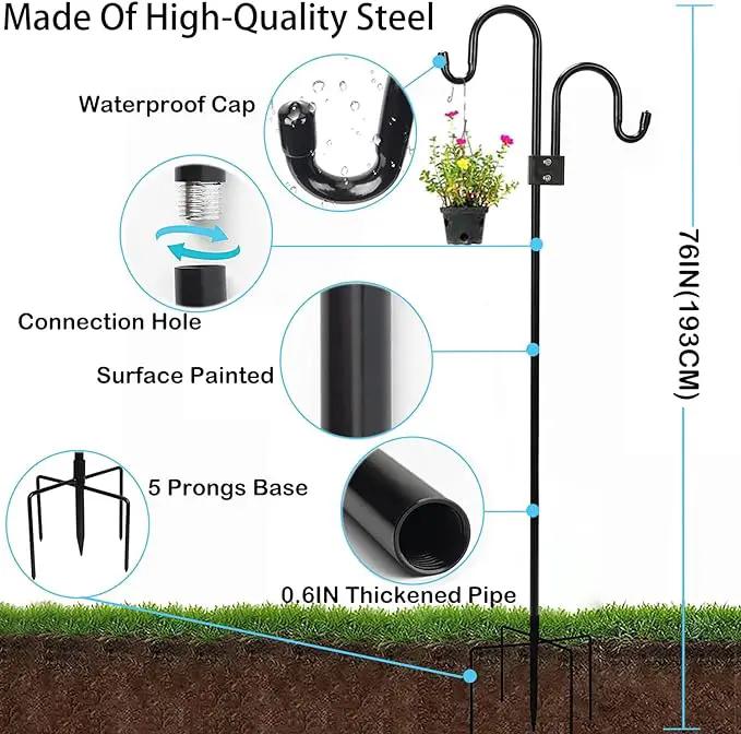 Double Shepherds Hooks For Outdoor 76 Inch, Heavy Duty Metal Bird Feeder Pole Stand With 5 Base Prongs, 28.5 To 76 Inch Adjustable Garden Holder For Hanging Plant, Wind Chimes, Wedding Garden Etc by GreenHaven Gardens