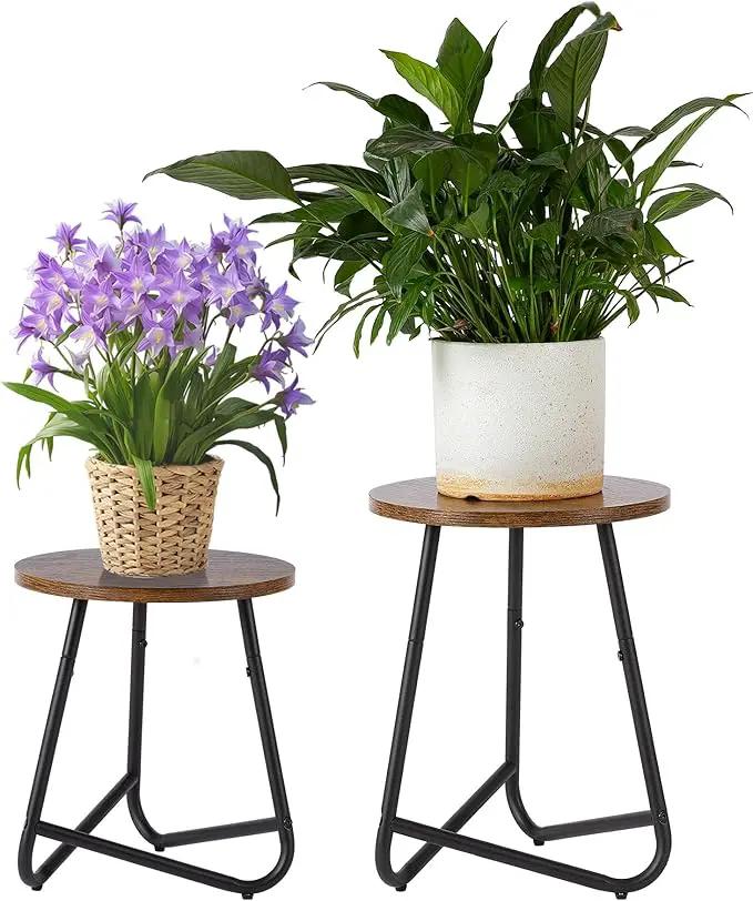 Indoor Plant Stand,Mid Century Wood Stand Plant Table,Modern Plant Stool for Outdoor,Metal Tall Holder for Flower Pots,Small Round Side End Table (Rustic Brown, 15 inch set of 2) by GreenHaven Gardens
