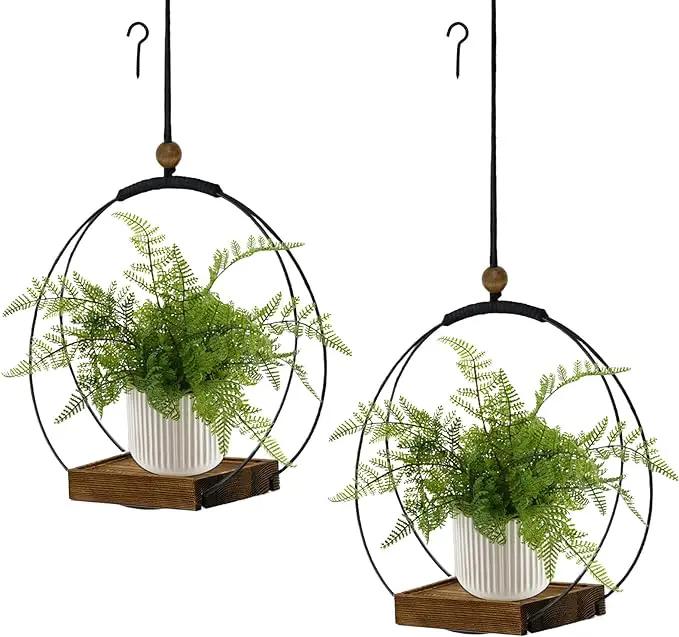 2 Pack Hanging Planters for Indoor Plants, Black Plant Hanger with Sturdy Wood Base, Modern Boho Macrame Hanger, Wall Ceiling Window Planters (Plants/Pots Not Included) by GreenHaven Gardens