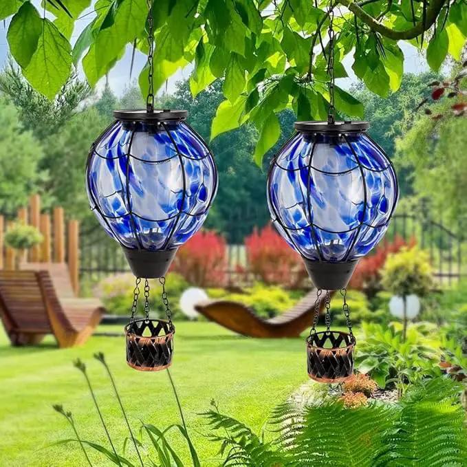 2PCS Solar Hot Air Balloon Lantern with Flickering Flame,Blue Glass Hot Air Balloon Solar Lanterns Outdoor Waterproof Hanging Decorative Light for Patio Porch Yard,Garden Gifts for Women by GreenHaven Gardens