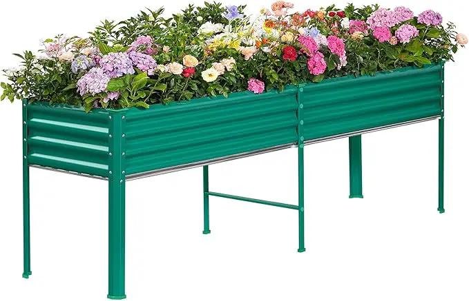 Land Guard Galvanized Raised Garden Bed with Legs, 96×24×32in Raised Garden Beds Outdoor with Drainage Holes, Planter Boxes Outdoor for Backyard, Patio, Balcony, 800lb Capacity, Green by GreenHaven Gardens