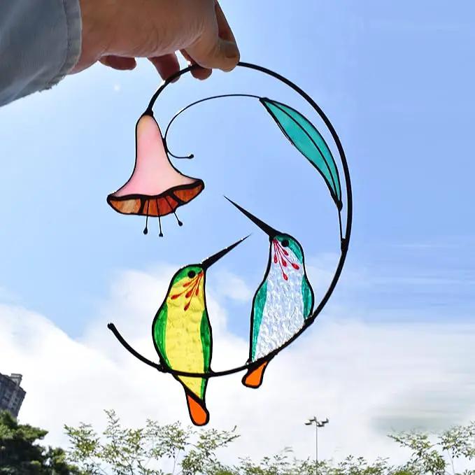 Lolitarcrafts Hummingbird with Flower Stained Glass Suncatcher Bird Stained Glass Window Hangings Hummingbird Gift for Home Decor (Green 1 Pair) by GreenHaven Gardens
