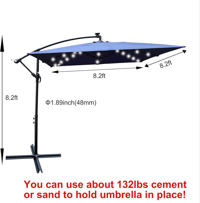 8x8FT Patio Umbrella, Outdoor Offset Umbrella with Cross Base and Crank, Square Cantilever Umbrella with Solar Lights, Hanging Market Umbrella with 8 Rids for Pool, Deck, Backyard (Navy Blue) by GreenHaven Gardens