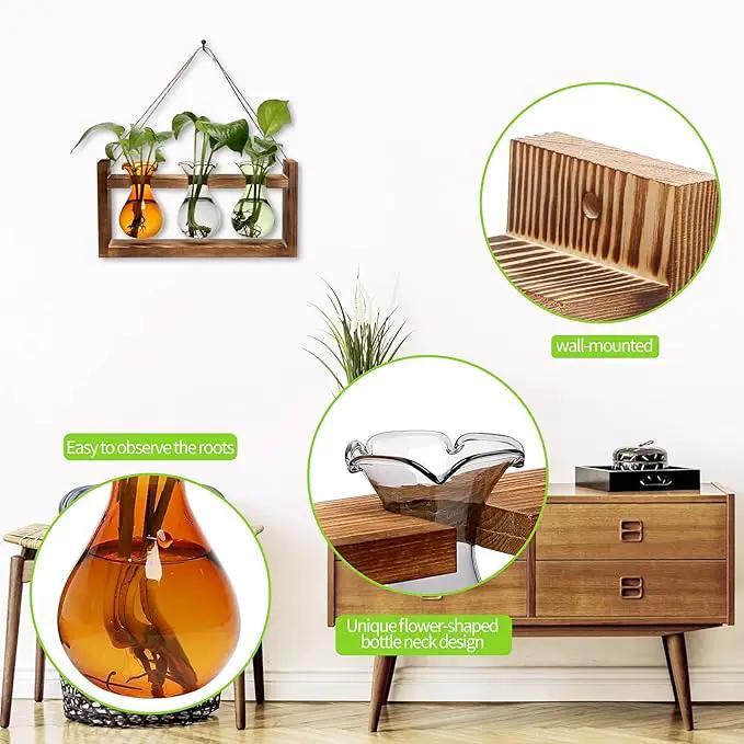 Plant Propagation Station Plant Terrarium Unique Birthday Gifts for Women Plant Lovers Home Office Decor Planter with Wooden Stand - 3 Bulb Glass Vase by GreenHaven Gardens