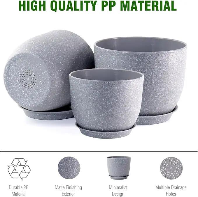 12/10/9 inch Large Plant Pots, 3 Pack Modern Decorative Plastic Planters with Drainage Holes and Saucer for House Garden Plants, Flower Pots for Indoor Outdoor Plants, Speckled Grey by GreenHaven Gardens