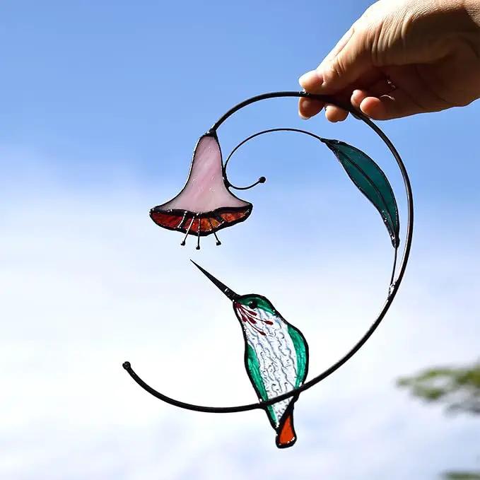 Lolitarcrafts Hummingbird with Flower Stained Glass Suncatcher Bird Stained Glass Window Hangings Hummingbird Gift for Home Decor (Green) by GreenHaven Gardens