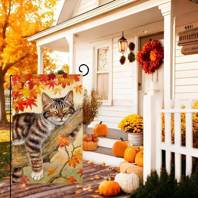 BLKWHT Fall Cat Garden Flag 12x18 Vertical Double Sided Autumn Leaves Thanksgiving Holiday Outside Decorations Burlap Yard Flag BW699 by GreenHaven Gardens