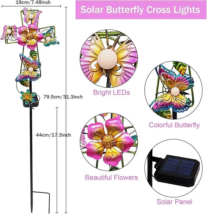 Solar Cross Garden Lights, Solar Butterfly Stake Lights Cemetery Decorations for Grave, Jesus Cross Sympathy Memorial Gifts for Mother Grandma, Metal Garden Art for Yard Lawn Patio Decor by GreenHaven Gardens