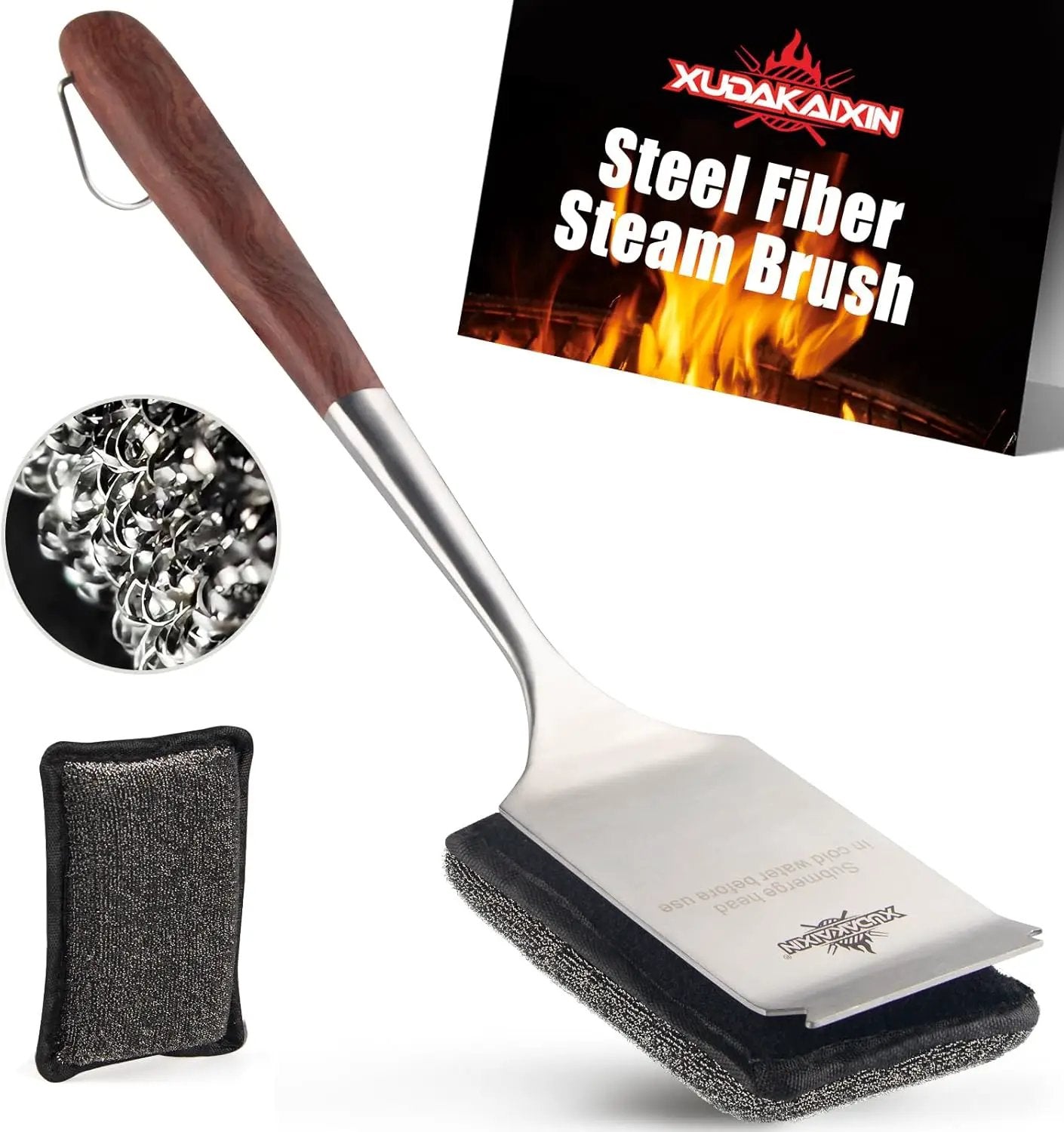 Bristle-Free Steam Cleaning Grill Brush,with Extended Luxurious Rosewood Handle and 1 Replacement Head,BBQ Grill Cleaning Brush Kit,Safe Grill Cleaner for Outdoor Grill,Gifts for Men/Dad by GreenHaven Gardens