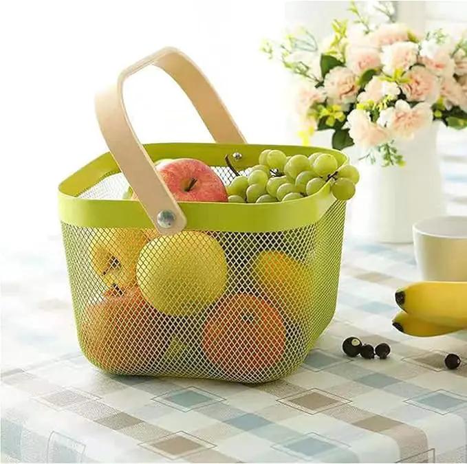 Metal Mesh Steel Basket, Storage Organizer Basket Multi-functional Hanging Kitchen Baskets Fruit Basket with Wooden Handle for Kitchen Bathroom Picnic Shopping Decor Cabinet Home, Macaron Green by GreenHaven Gardens