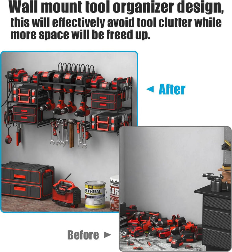 CCCEI Black Power Tool Organizer Wall Mount, Large Tools and Battery Storage Rack Charging Station Individual Switches. Drills Holder, Garage Utility Shelves with 10FT Power Strip. Gift for Men. by GreenHaven Gardens