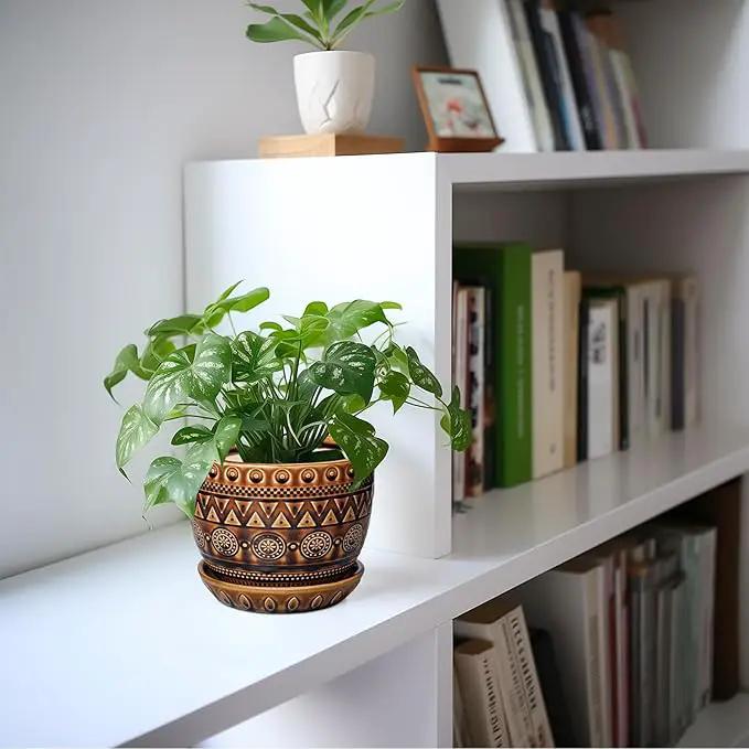 G EPGardening Ceramic Pot for Plants 5.5 Inch - Ceramic Plant Pot with Drainage Hole and Saucer, Boho Round Planter for Indoor Outdoor Plants, Plant Lover Gifts, Office Garden House Decor, Brown by GreenHaven Gardens