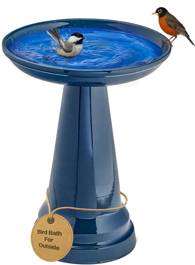 Birds Choice Ohio Stoneware Bird Bath | Pedestal Bird Bath, Stable Locking Top | Weather-Resistant Ceramic Clay, Glazed Finish | Outdoor Garden & Patio Decor | 22" H x 17" D, Midnight Blue by GreenHaven Gardens