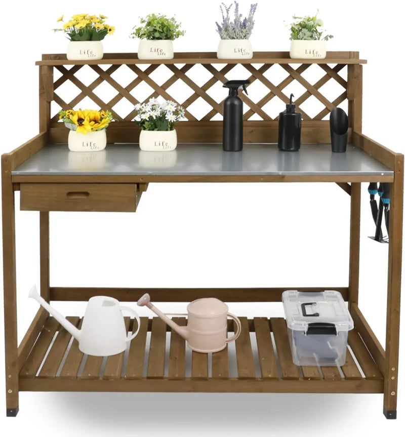 Garden Potting Benches & Tables,Outdoor Wooden Work Station W/Metal Table Top,Drawer,Large Bottom Shelf,Open Shelf Natural Wood-Natural Stained by GreenHaven Gardens