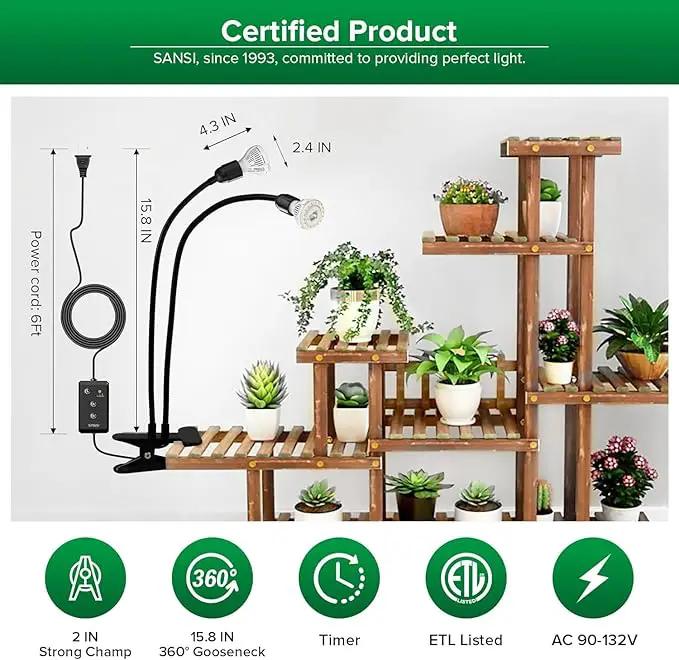 SANSI LED Grow Lights for Indoor Plants, Lifetime Free Bulb Replacement, 300W Full Spectrum Dual Gooseneck Clip Plant Grow Light, Plant Light with Timer 4/8/12 Hrs, High PPFD Growing Power Grow Lamp by GreenHaven Gardens