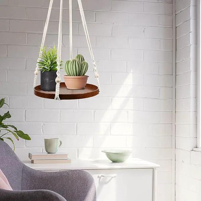 Macrame Plant Hanger - 2 Set Indoor Hanging Planter Shelf - Hanging Planter Rack Decorative Flower Pot Holder - Handmade Cotton Plant Hangers with Wood Tray Boho Home Decor by GreenHaven Gardens