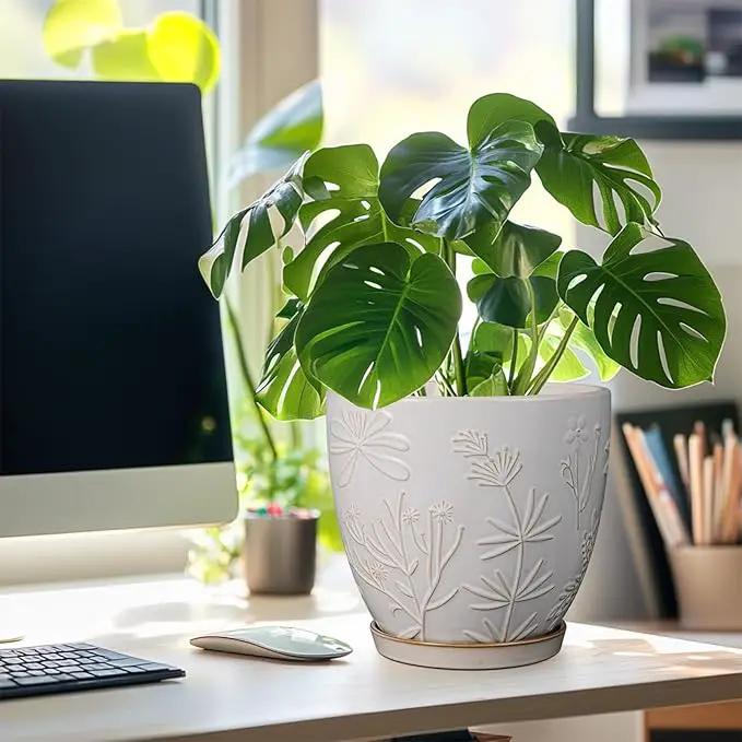 8 Inch Ceramic Pots for Plants Large Planter Pot with Drainage Hole and Saucer Round Flower Pot for Indoor Outdoor Decor, White by GreenHaven Gardens