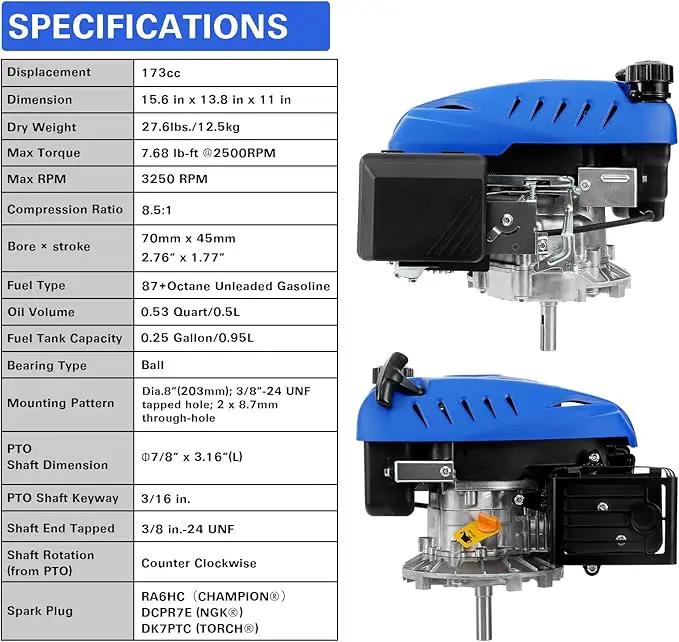 BILT HARD Gas Engine Vertical Shaft, 173cc 4.4 HP 4-Stroke Gas Motor, Replacement Engine for Lawn Mower, EPA & CARB Compliant by GreenHaven Gardens