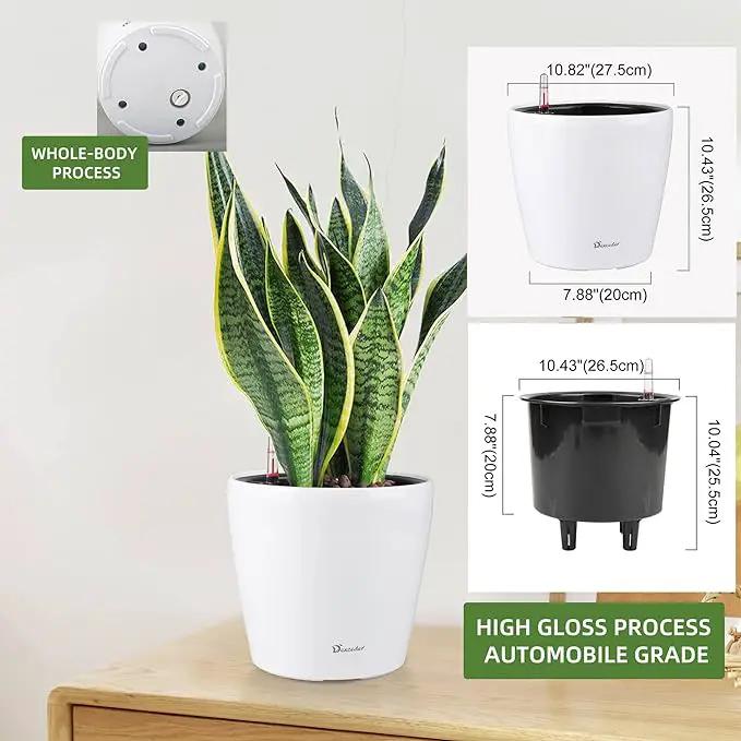 Dexceder 11x10 Inches High Gloss Self Watering Planter Indoor Outdoor, Inner Pot Design, Thickened Table Flower Plant Pot with Water Level Indicator (White) by GreenHaven Gardens