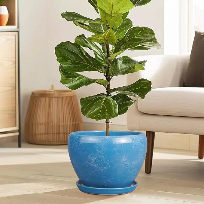 10 Inch Planter Pot - Ceramic Pots for Plants with Drainage Hole and Saucer, Round Large Flower Pot for Indoor Plants, Blue by GreenHaven Gardens