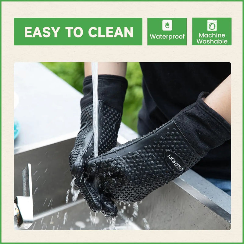 GEEKHOM BBQ Gloves, Grilling Gloves Heat Resistant Oven Gloves, Kitchen Silicone Oven Mitts, Long Waterproof Non-Slip Pot Holder for Barbecue, Cooking, Baking, Black by GreenHaven Gardens