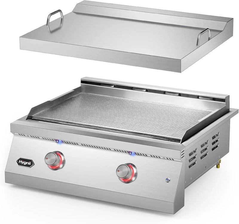 Hygrill 30-Inch Premium Built-In Liquid Propane Griddle for Outdoor Kitchen, Durable Stainless Steel 2-Burner Flat Top Grill with Lid and LED lights, 36000 BTUs by GreenHaven Gardens