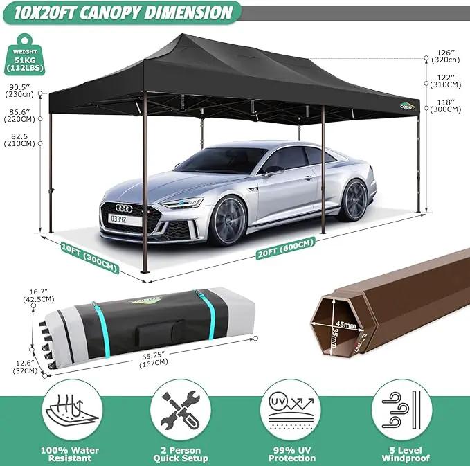 COBIZI 10x20 Pop Up Canopy Heavy Duty Without Sidewalls, Commercial Heavy Duty Pop Up Tent for Parties All Weather Waterproof and UV 50+ Wedding Tent with Roller Bag(Legs Upgraded),Black by GreenHaven Gardens