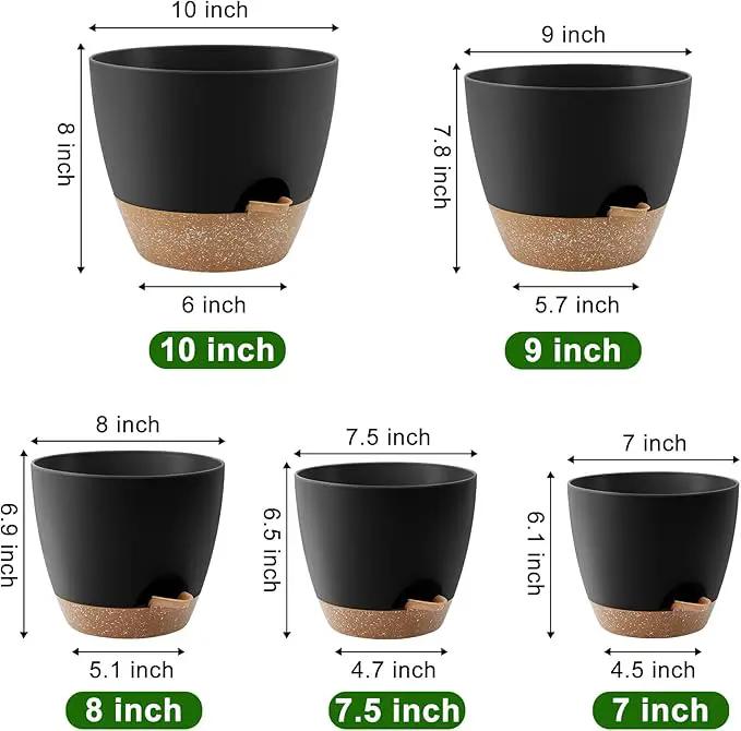 Plant Pots 10/9/8/7.5/7 Inch Self Watering Pots, Set of 5 Plastic Planters with Drainage Holes and Saucers,Plastic Flower Pots,Nursery Planting Pot for Indoor Out Door Plants(Black Brown) by GreenHaven Gardens